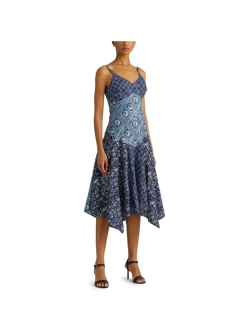 Lauren Ralph Lauren Blue Patchwork Boho Euro Summer Linen Midi Dress- Size 6 - Picture 4 of 9